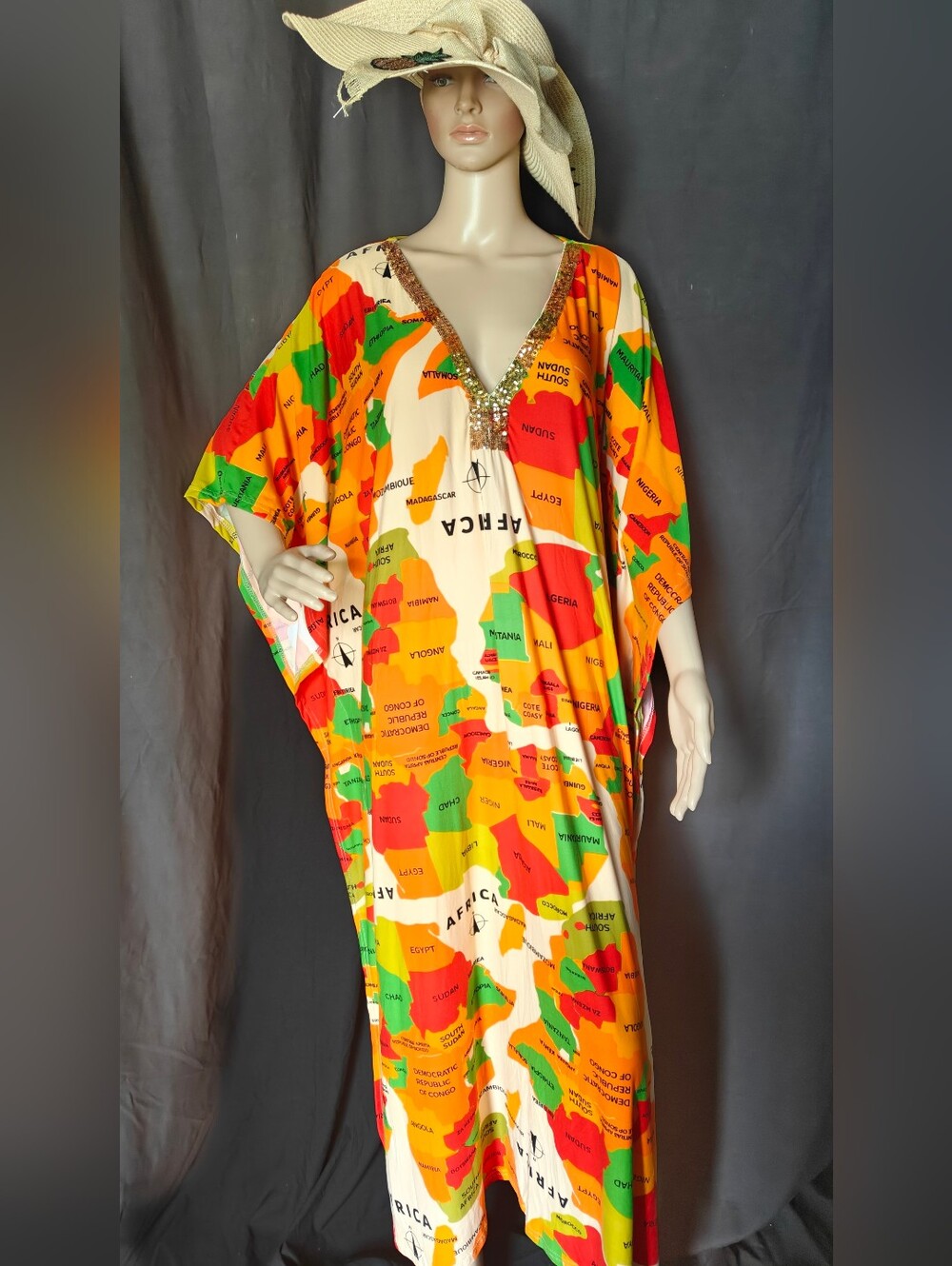 Colorful Africa Map Kaftan with Embellished V-Neck
